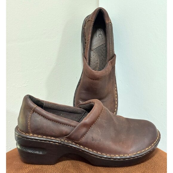 BORN WOMENS BROWN LEATHER SLIP ON CLOGS MULES WEDGE SIZE US 8 EU 39 - Picture 1 of 9
